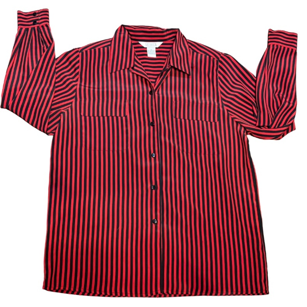 Vintage 80s 90s Sellecca Red Black Striped Button Up Shirt Shoulder Pads M